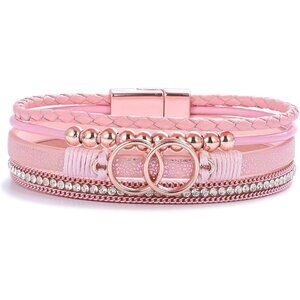 Leather Boho Wrap Bracelet Pink Beaded Infinity Jewelry for Women Gift